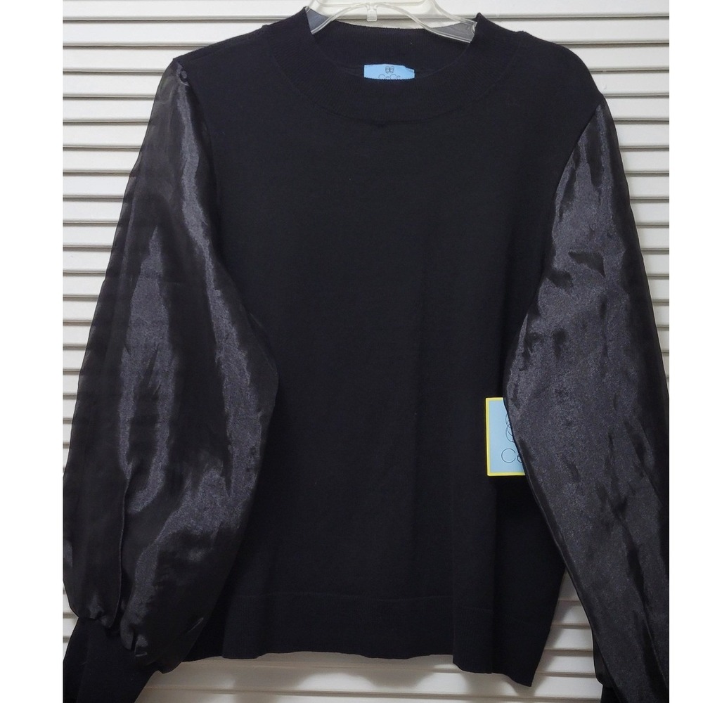 Goth whimsy Sweater with Sheer Puff Sleeve Metallic Accent Crew Neck XL Cece